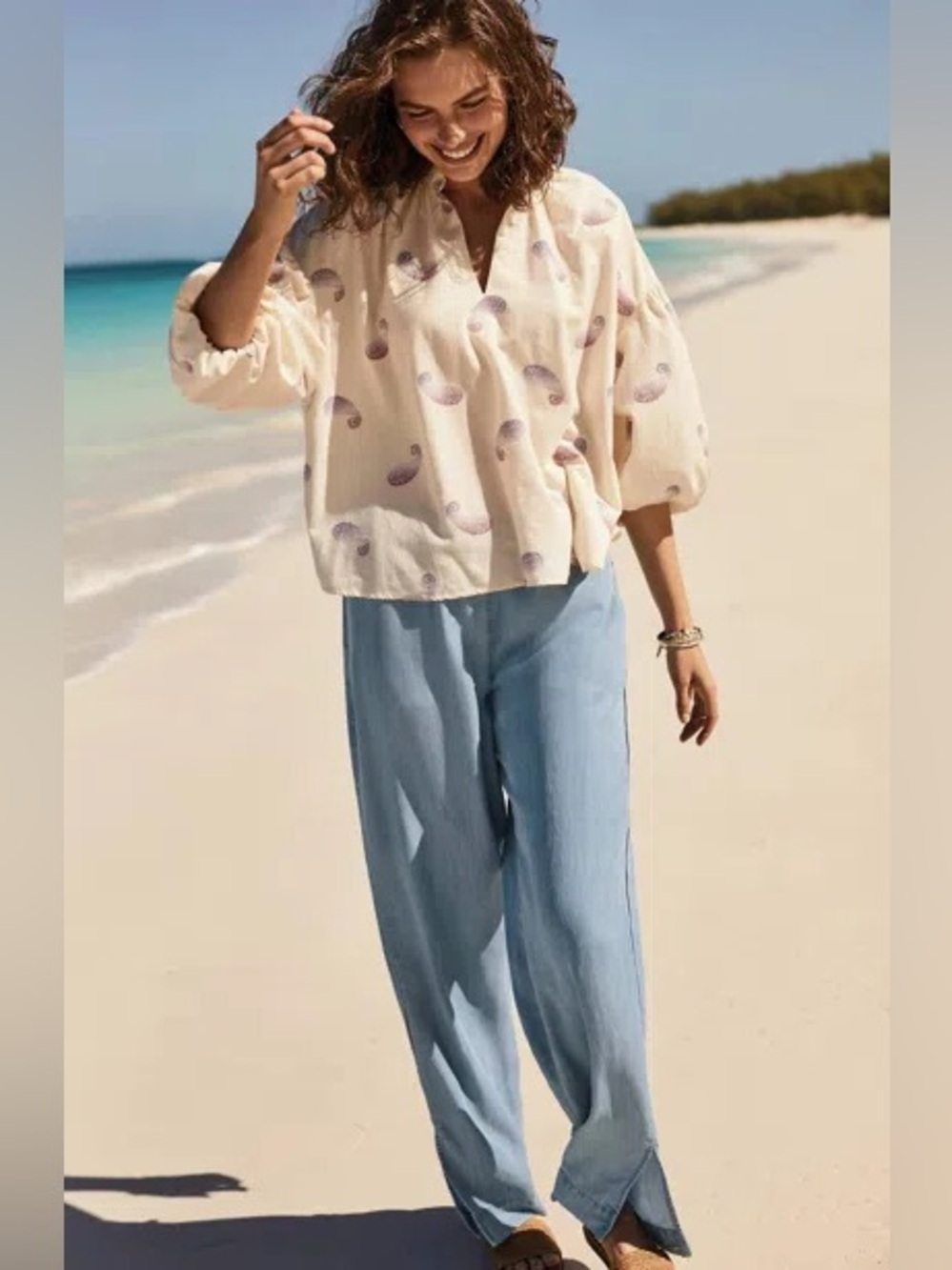 J. Jill Cream Printed V-Neck Blouse